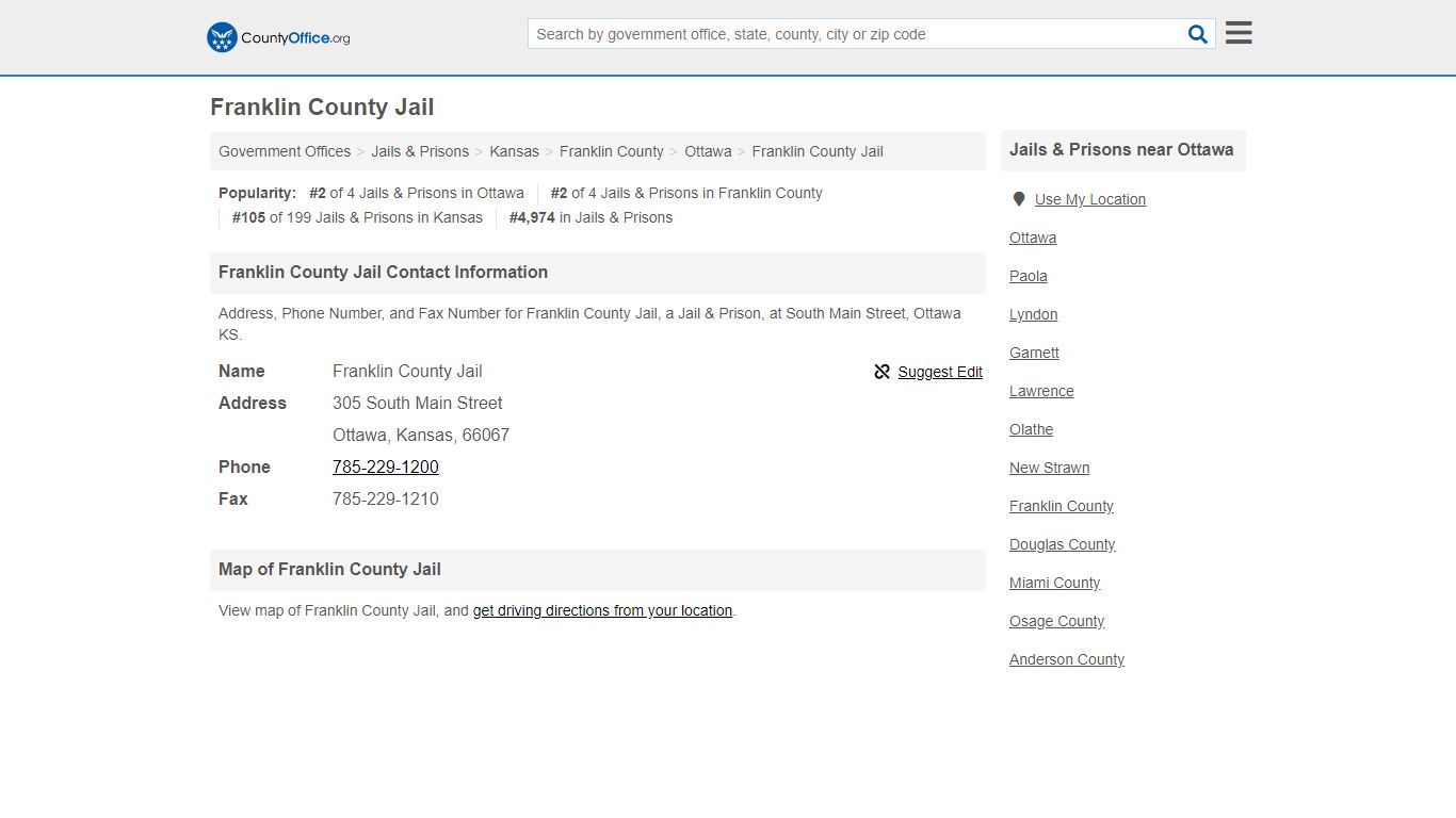 Franklin County Jail - Ottawa, KS (Address, Phone, and Fax)