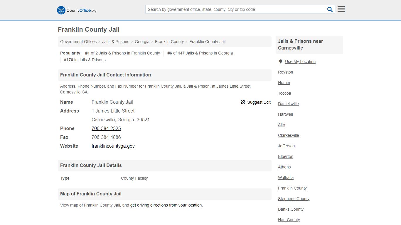 Franklin County Jail - Carnesville, GA (Address, Phone, and Fax)