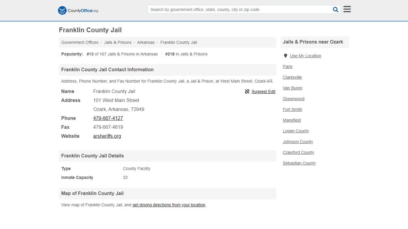 Franklin County Jail - Ozark, AR (Address, Phone, and Fax)