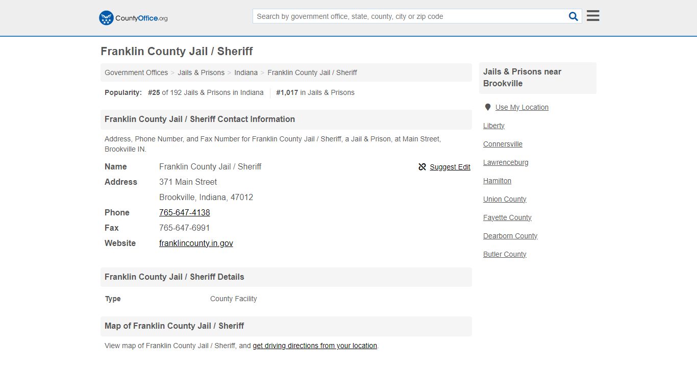 Franklin County Jail / Sheriff - Brookville, IN (Address, Phone, and Fax)